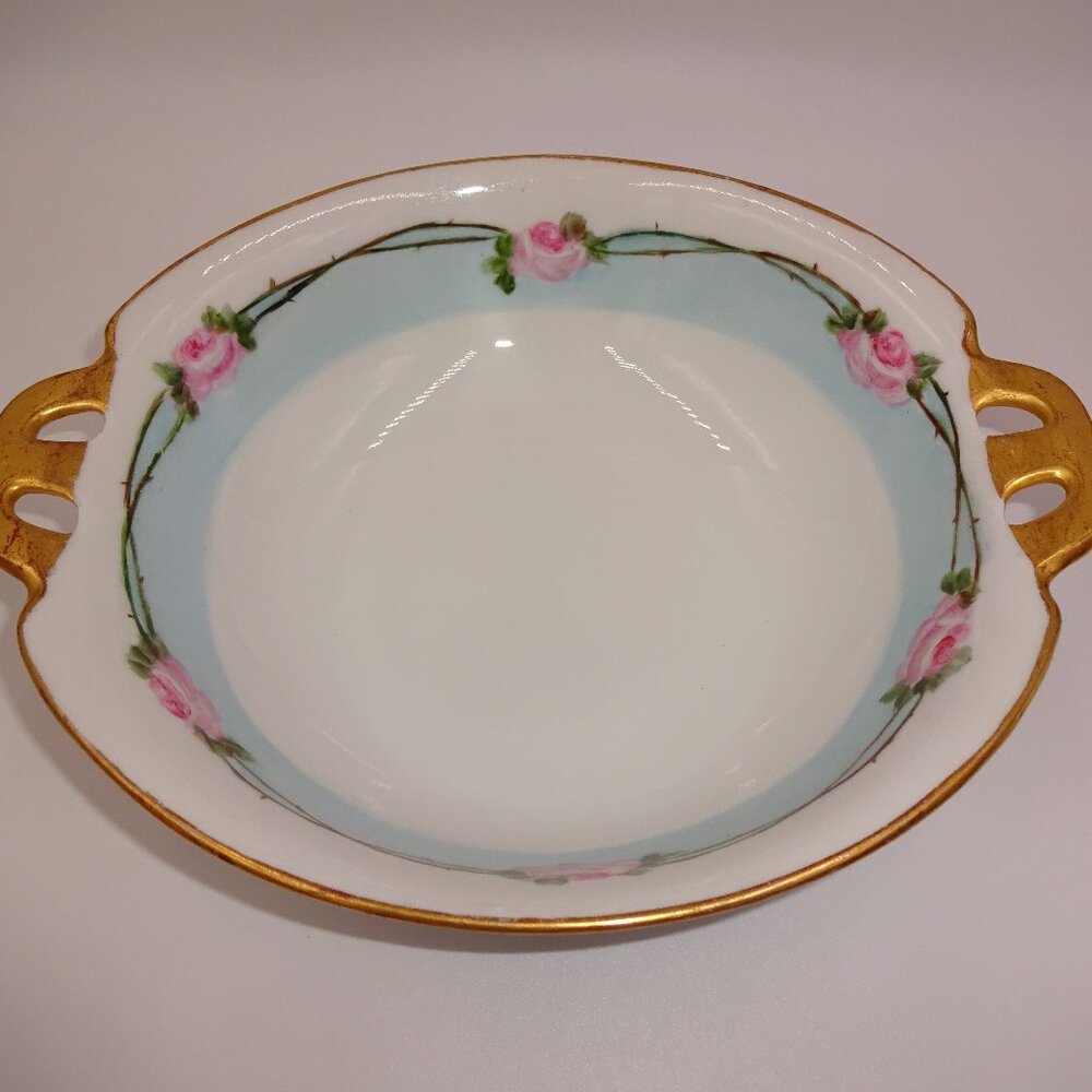 Vintage Double Handled Serving Vegetable Bowl White Blue Pink Roses Flowers 8"